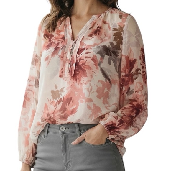 White House Black Market Tops - WHITE HOUSE BLACK MARKET Floral Semi-Sheer Long Sleeve V-Neck Blouse Size 14